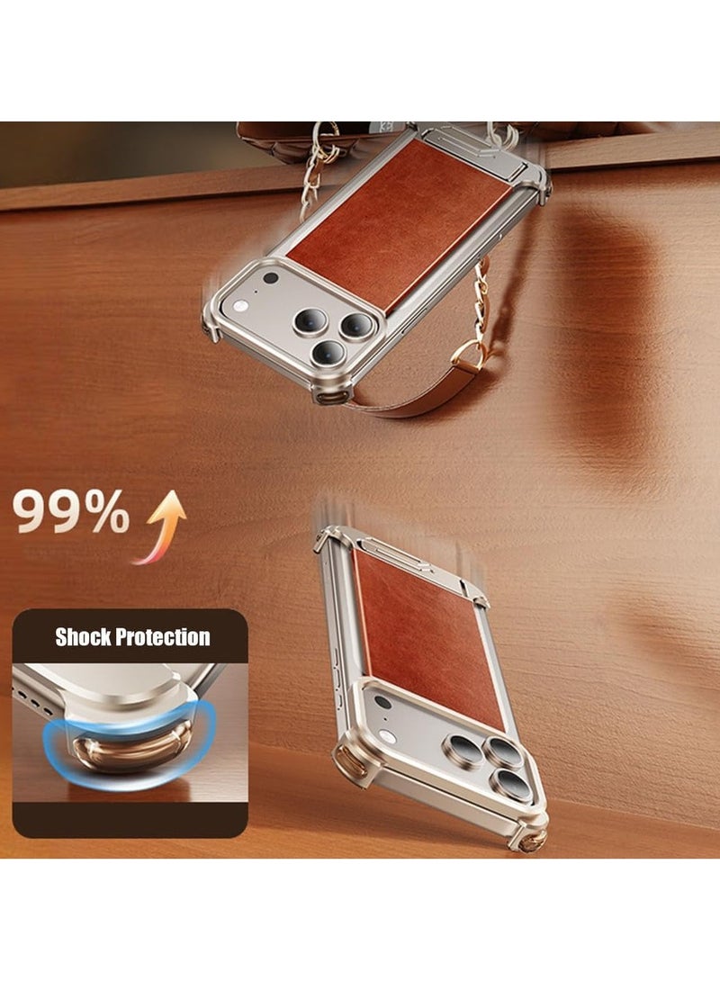 general Magnetic Case for iPhone 17 Pro 2025 Frameless Luxury Metal Leather Cover with Stand Mobile Phone Case Supports Wireless Charging - Image 4