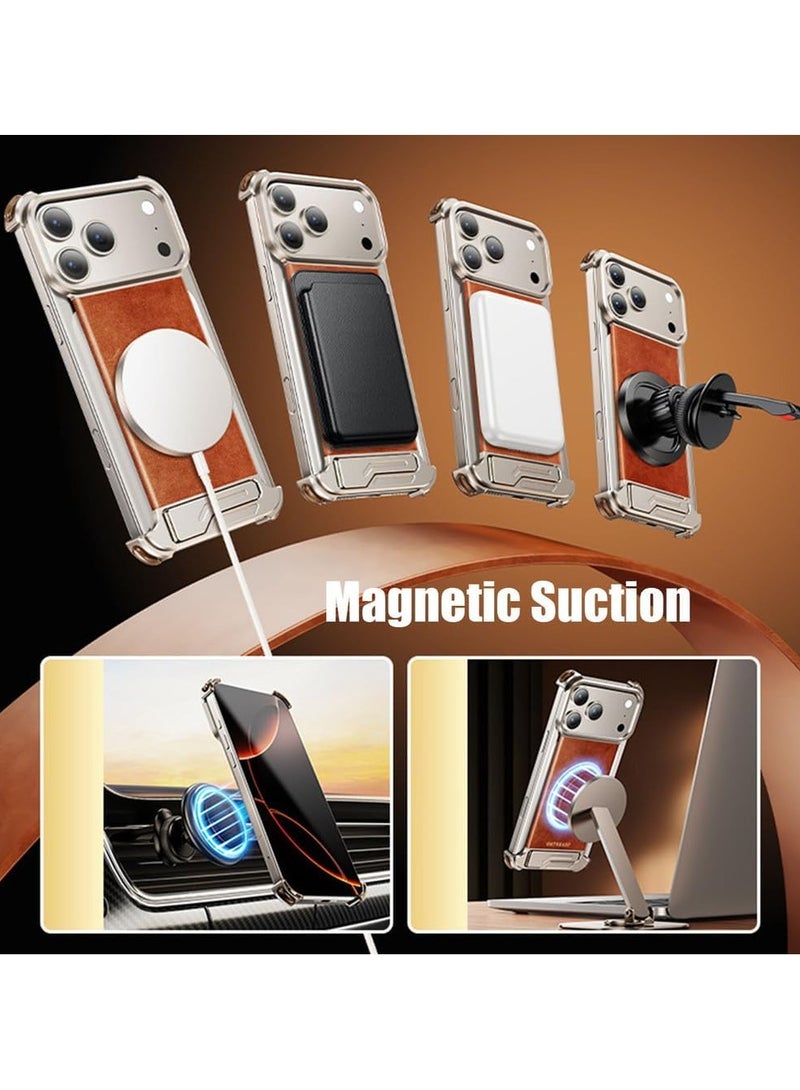 general Magnetic Case for iPhone 17 Pro 2025 Frameless Luxury Metal Leather Cover with Stand Mobile Phone Case Supports Wireless Charging - Image 2