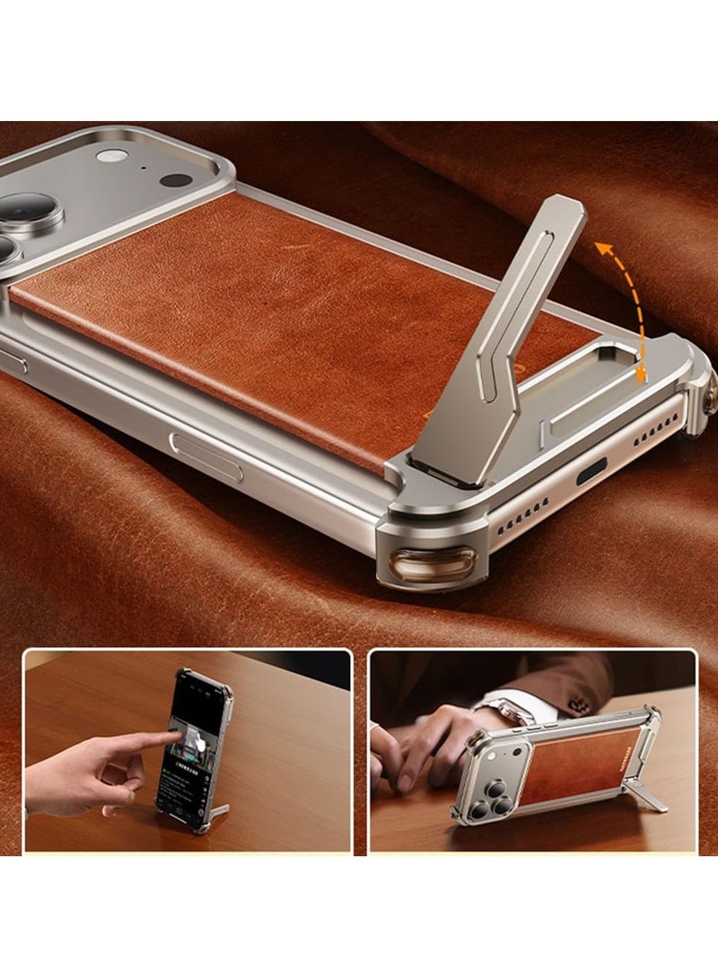 general Magnetic Case for iPhone 17 Pro 2025 Frameless Luxury Metal Leather Cover with Stand Mobile Phone Case Supports Wireless Charging - Image 3