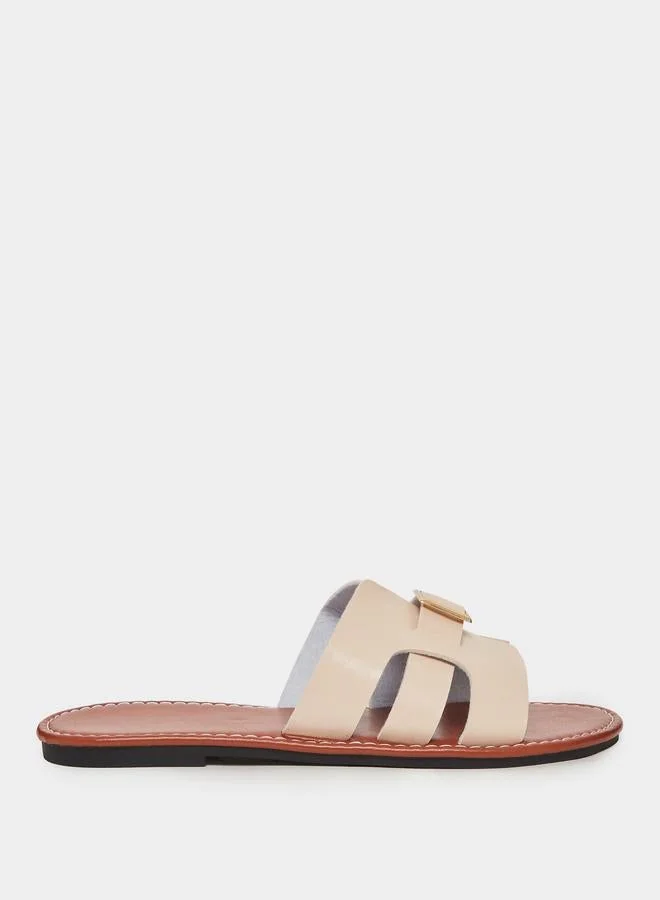Take Two Beige Slip-On Flat Sandals with Buckle Detail