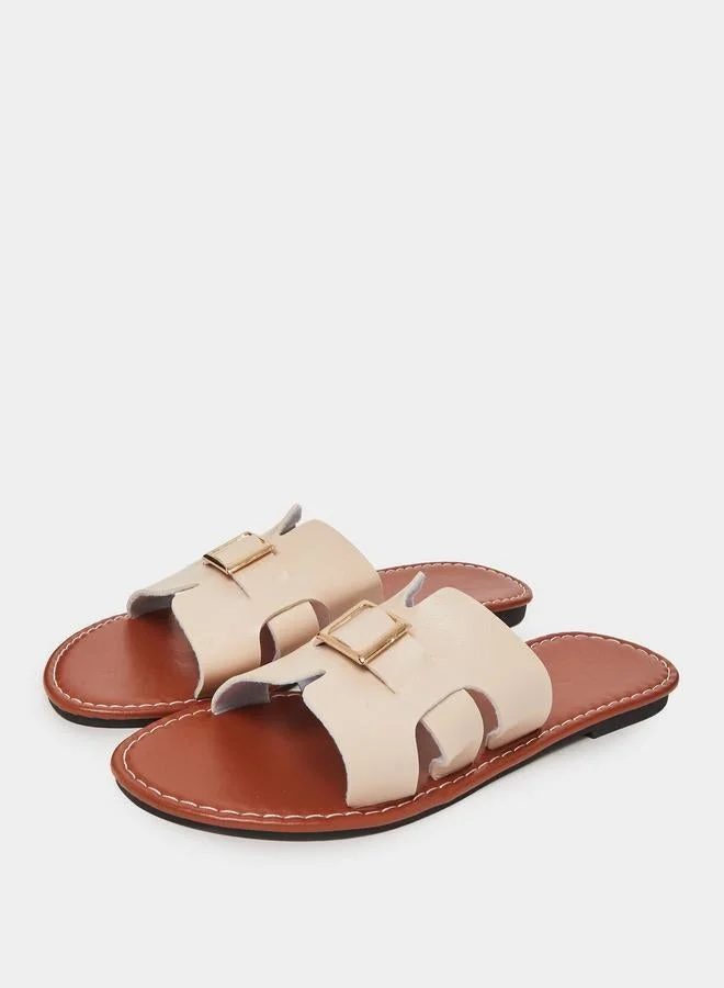 Take Two Beige Slip-On Flat Sandals with Buckle Detail