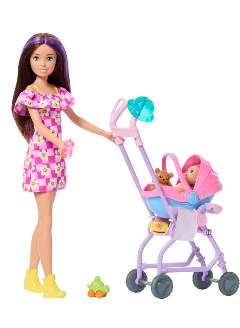 باربي Skipper Babysitters Inc. Playset with Brunette Doll, Blonde Baby Doll, Stroller with Removable Car Seat & 7 Accessories