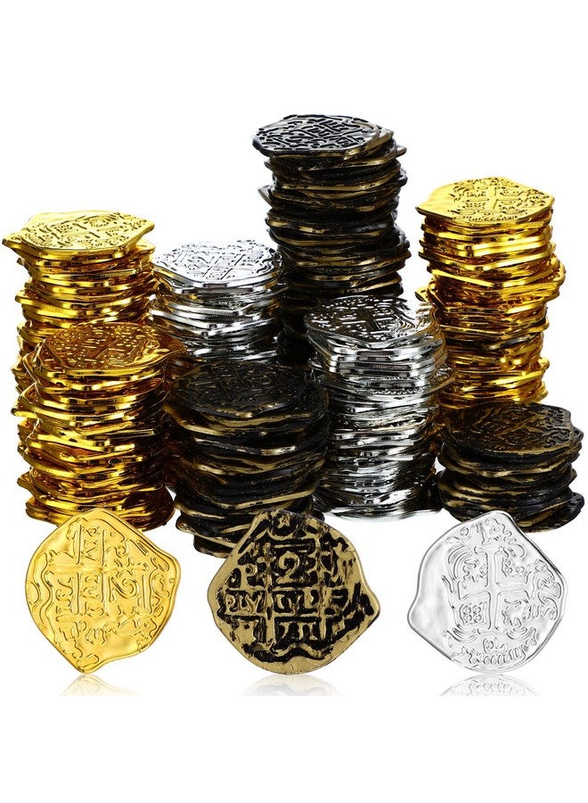 Charniol 300 Pcs Pirate Gold Coins Plastic Doubloon Bulk Kids Fake Play for Party Treasure Chest Games Tokens Toys Cosplay, Gold, Silver, Bronze (Irregular) - Image 1