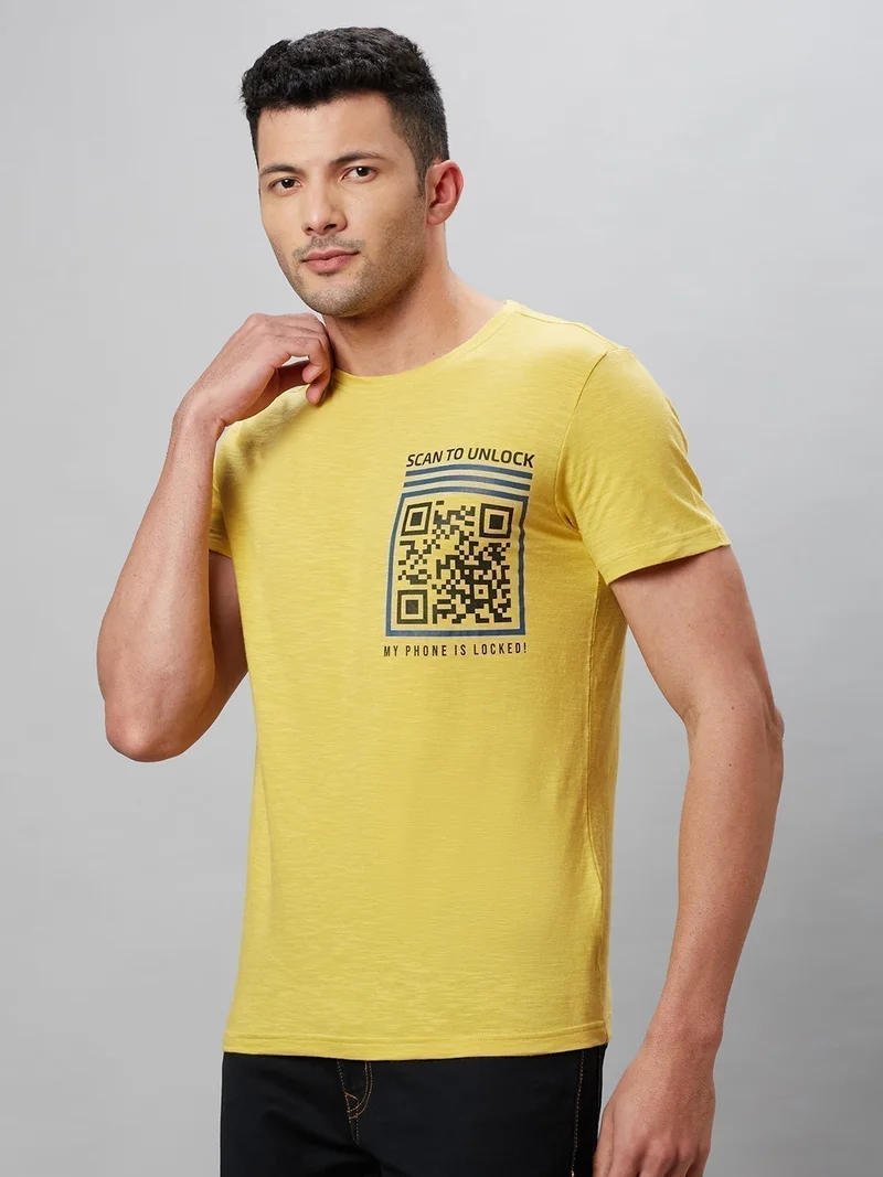 globus Globus Men Yellow Printed Round Neck Cotton Regular Fit Casual T-shirt