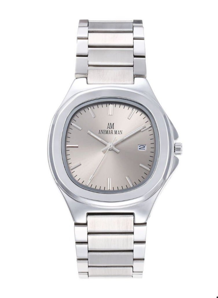 انيمار مان ساعة يد رجالية ضد الماء و بجودة عالية ستيل, سوار فضي مع ميناء رمادي