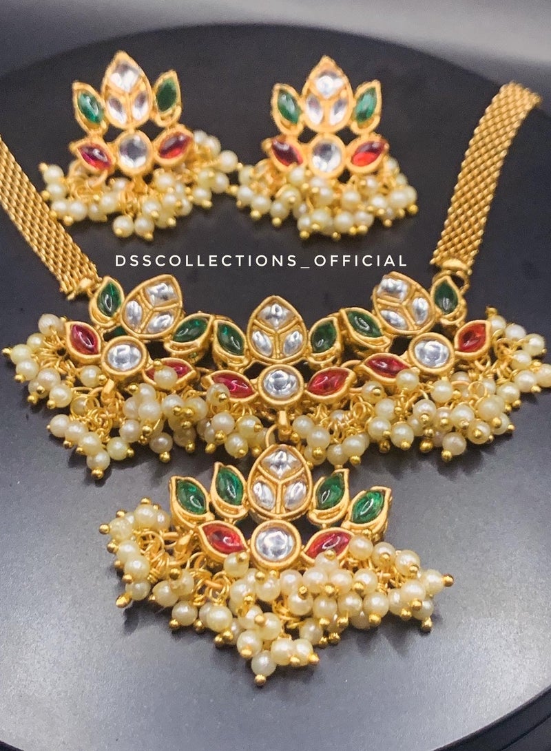 Gold Necklace for Women | Lotus Set with Pearl Drops and Adjustable Chain  - Image 1