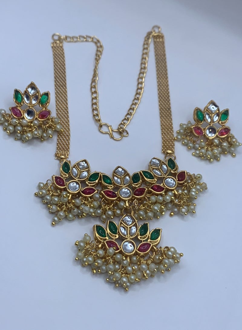 Gold Necklace for Women | Lotus Set with Pearl Drops and Adjustable Chain  - Image 2