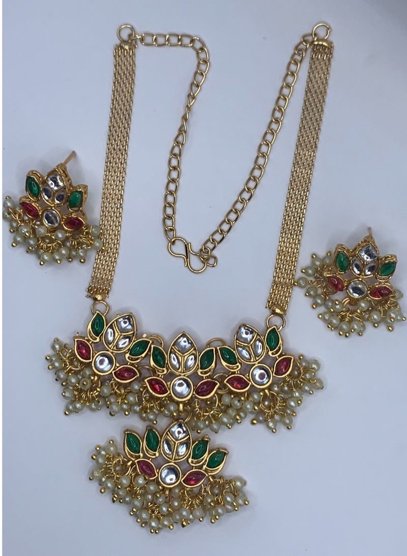 Gold Necklace for Women | Lotus Set with Pearl Drops and Adjustable Chain  - Image 3