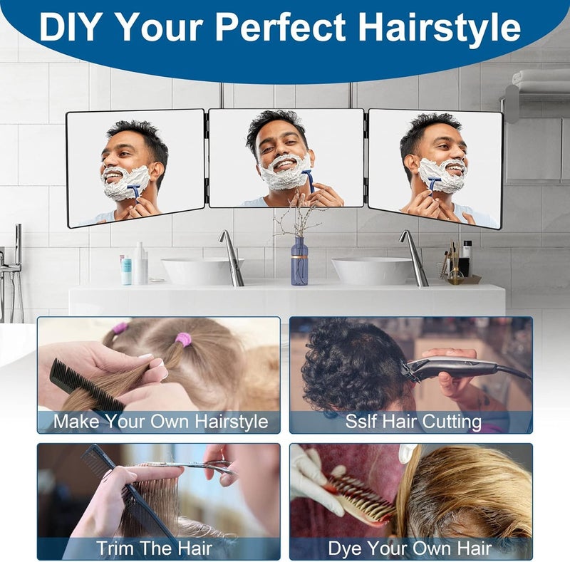 waqif 3 Way MirrorPortable 360 Degree Mirror for Hair CuttingTrifold 3 Way Mirror for Hair Cutting with Height Adjustable Telescoping Hooksfor HaircutGrooming Dye HairShaver and Makeup - Image 2