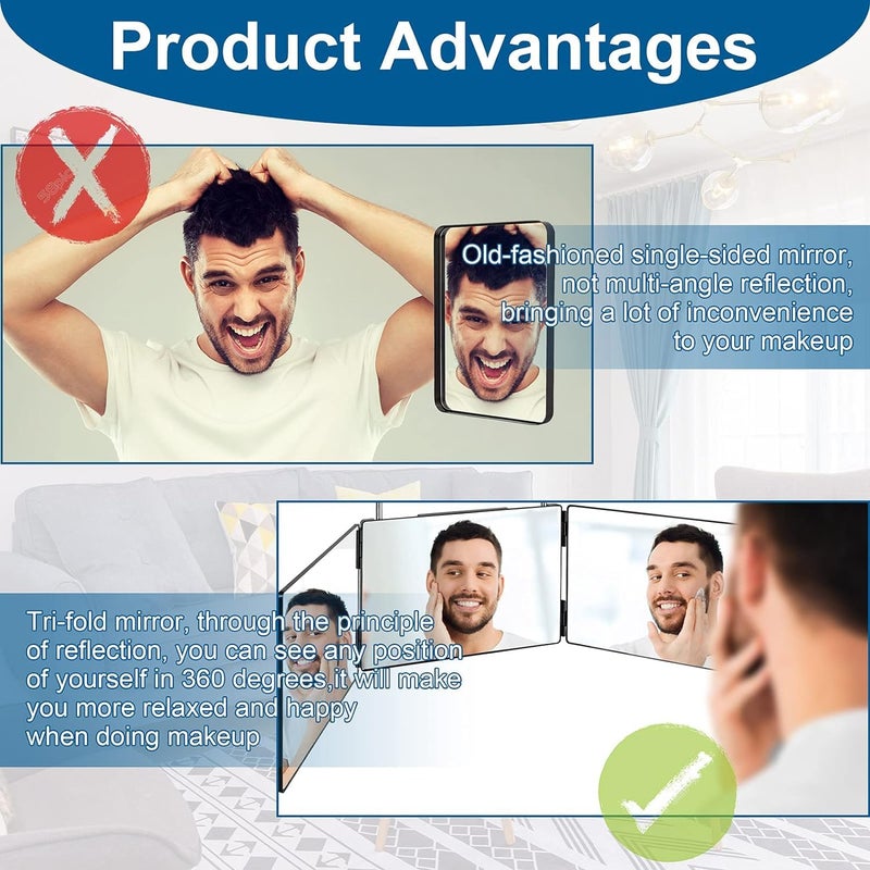 waqif 3 Way MirrorPortable 360 Degree Mirror for Hair CuttingTrifold 3 Way Mirror for Hair Cutting with Height Adjustable Telescoping Hooksfor HaircutGrooming Dye HairShaver and Makeup - Image 3