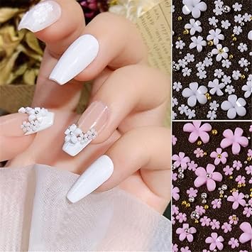 Dornail White Pink 3D Acrylic Flower Nail Charms With Pearl Golden Caviar Beads Nail Art Accessories Nail Designs for DIY Nail Decorations Nail Art Supplies - Image 5