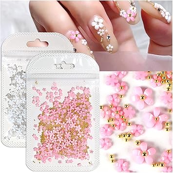Dornail White Pink 3D Acrylic Flower Nail Charms With Pearl Golden Caviar Beads Nail Art Accessories Nail Designs for DIY Nail Decorations Nail Art Supplies - Image 1