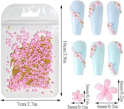 Dornail White Pink 3D Acrylic Flower Nail Charms With Pearl Golden Caviar Beads Nail Art Accessories Nail Designs for DIY Nail Decorations Nail Art Supplies - Image 2