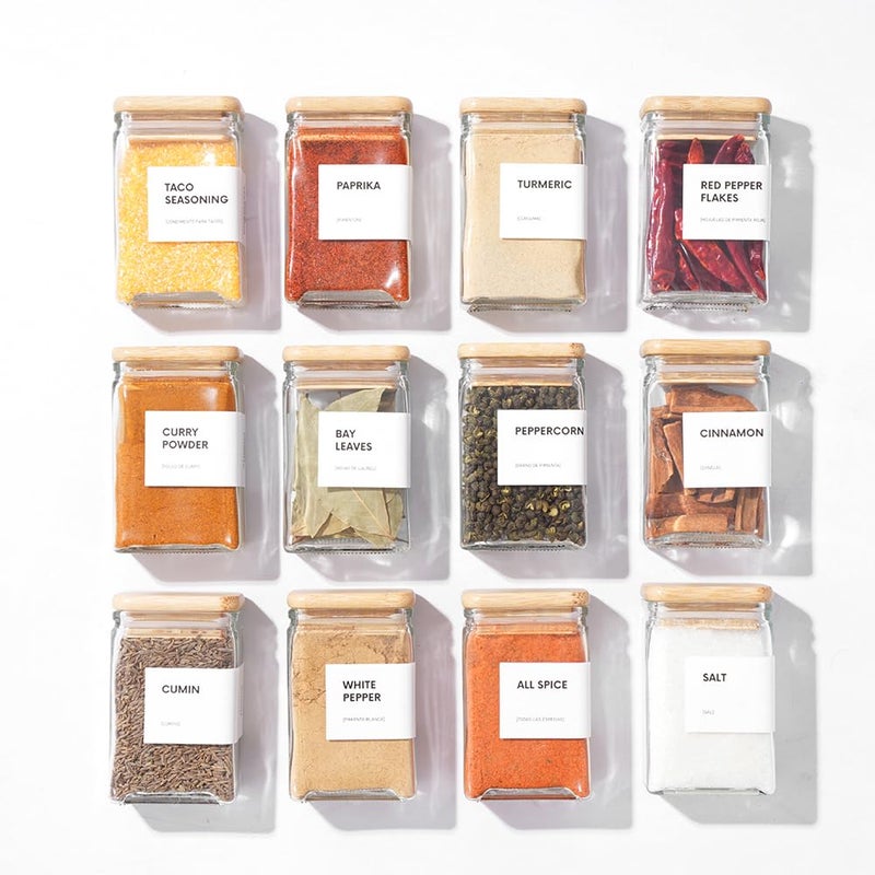 APT 1101 Glass Square Spice Jars with Labels, 4oz Glass Jars with Bamboo Lids, Spice Bottles, Seasoning Organizer, 12 Pack (White) - Image 1