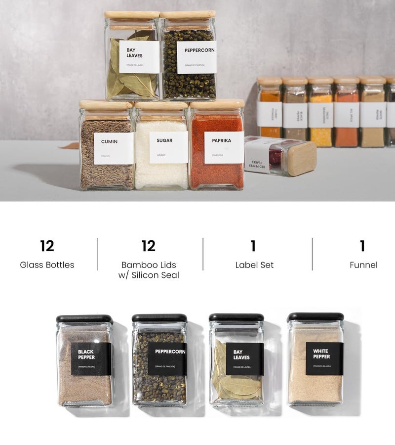 APT 1101 Glass Square Spice Jars with Labels, 4oz Glass Jars with Bamboo Lids, Spice Bottles, Seasoning Organizer, 12 Pack (White) - Image 4