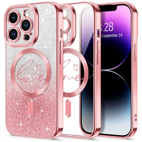 Hython for iPhone 14 Pro Max Case Glitter, Compatible with MagSafe Love Heart Magnetic Clear Phone Cases for Women Girls, Full Camera Protection Sparkle Plating Shockproof Protective Cover, Pink - Image 1