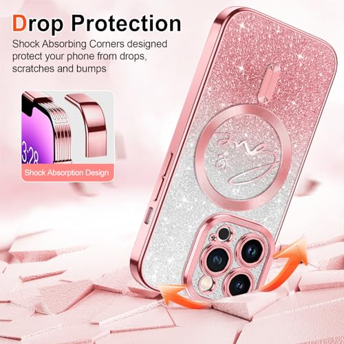 Hython for iPhone 14 Pro Max Case Glitter, Compatible with MagSafe Love Heart Magnetic Clear Phone Cases for Women Girls, Full Camera Protection Sparkle Plating Shockproof Protective Cover, Pink - Image 5