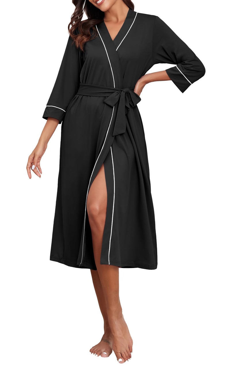 PrinStory Womens Robe Long Kint Bathrobe Lightweight Soft Robes Ladies Bath Robe Black-L - Image 2
