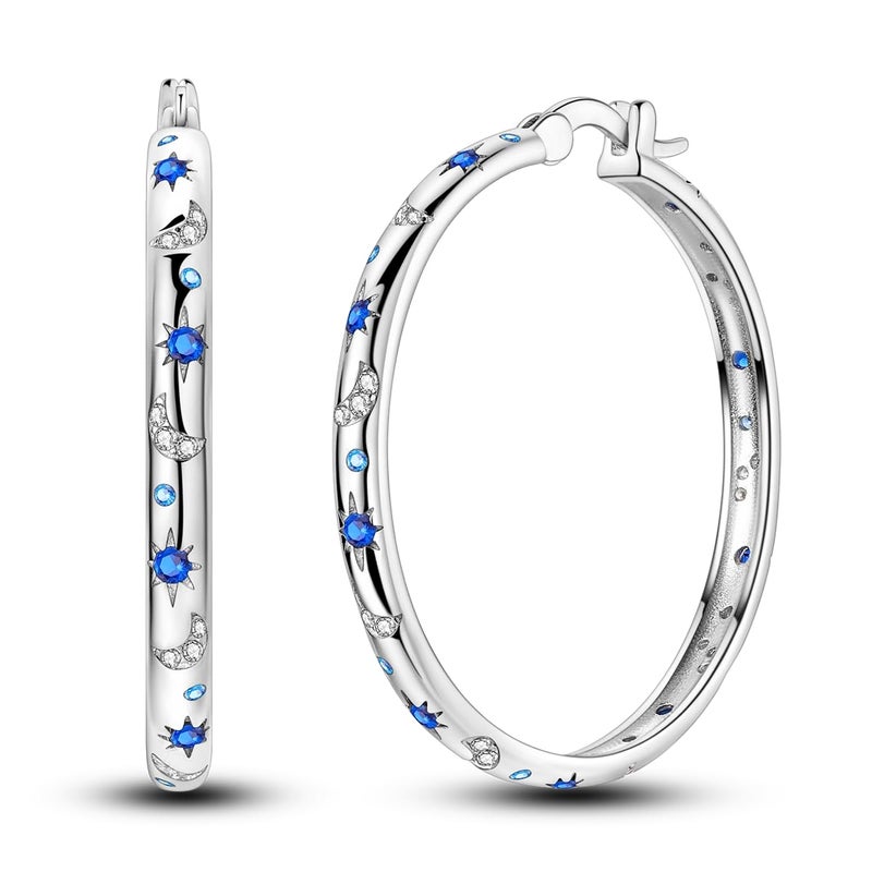 Hapour Sterling Silver Cubic Zirconia Hoop Earrings for Women Teen, Hypoallergenic Rhinestone Earrings Sparkly Crystal Moon Star Hoops - Image 1