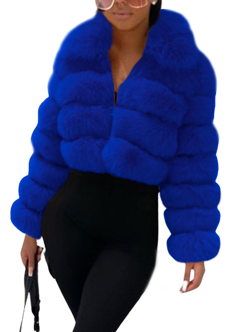 loveimgs Women Fluffy Faux Fur Coat Cropped Jacket Puffer Jacket Zip Up Winter Warm Fuzzy Teddy Jacket (X-Large,Royal blue) - Image 1