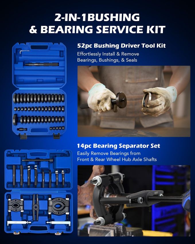 Orion Motor Tech 2 In 1 Bushing Driver Tool & Bearing Press Kit, Complete Bushing & Bearing Service Kit With 2" And 3" Jaws, 5 Ton Capacity Bearing Separator, Heavy Duty Wheel Bearing Puller Tool Set - Image 2