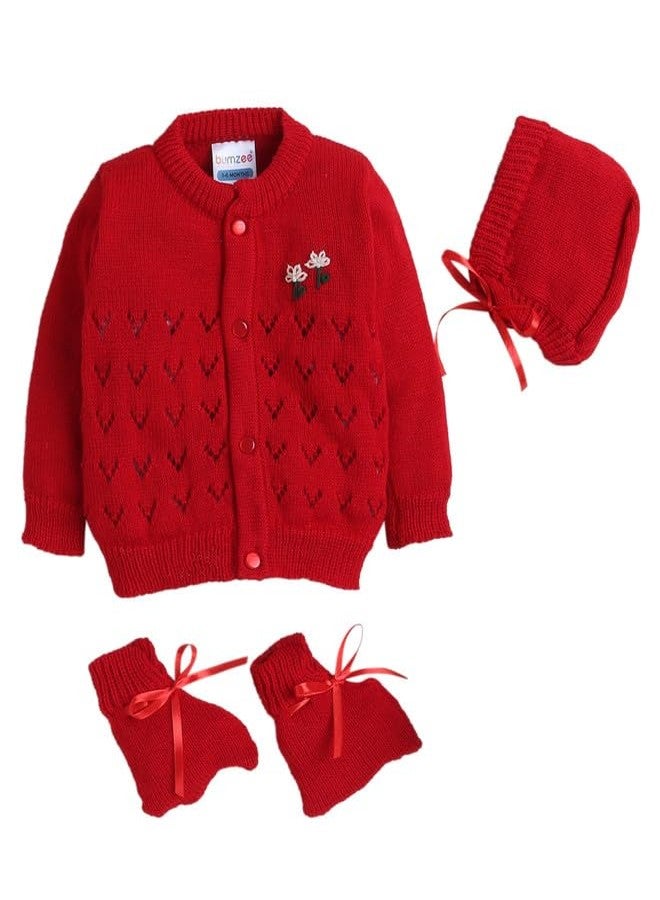 BUMZEE Red Baby Boys Full Sleeves Woolen Sweater with Cap & Socks Age - 0-3 Months (Peb10068B-red) - Image 1