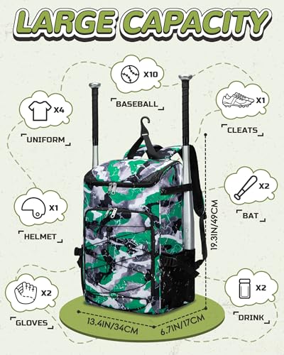 FOKDUVB Baseball Softball Gear Bag Backpack for Boys Girls Ages 812 1214 Large Kids Youth Bat Bag with Ventilated Shoe Compartment Baseball Softball Players Stuff Supplies Green Camouflage - Image 3