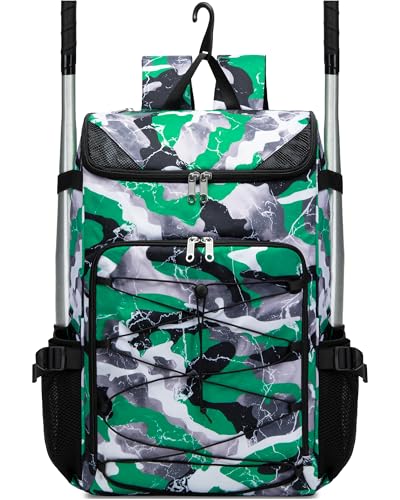 FOKDUVB Baseball Softball Gear Bag Backpack for Boys Girls Ages 812 1214 Large Kids Youth Bat Bag with Ventilated Shoe Compartment Baseball Softball Players Stuff Supplies Green Camouflage - Image 1