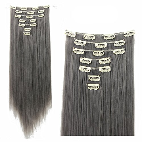 SWACC Women 22 Inches Straight Full Head 7 Separate Pieces Heat Resistance Synthetic Hair Clip in Hair Extensions Grey