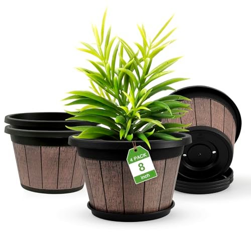 Quarut 4 Pack 8 inch Plant PotUpgrade Whiskey Barrel Planters with Drainage Holes SaucerPlastic Decoration Flower Pots Retro DesignPlanters for Outdoor Indoor Garden Home Plants Brown - Image 1