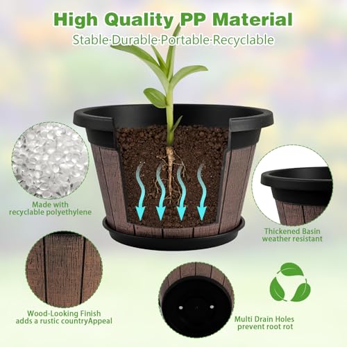 Quarut 4 Pack 8 inch Plant PotUpgrade Whiskey Barrel Planters with Drainage Holes SaucerPlastic Decoration Flower Pots Retro DesignPlanters for Outdoor Indoor Garden Home Plants Brown - Image 3
