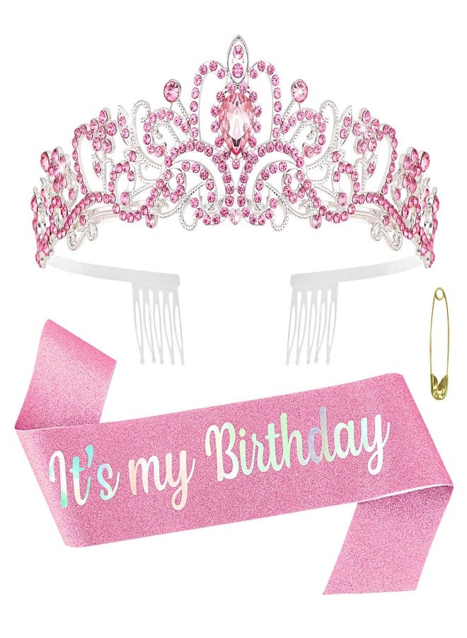 ACO-UINT Pink Birthday Crown for Women, Birth Day Headband Sash Tiara, Birthday Girl Crown Queen Tiara Decorations Birth Day Gifts - Image 1
