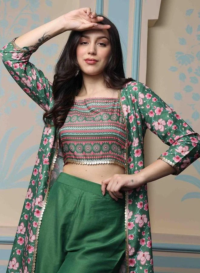 ISHIN Ishin Printed Crop Top and Jacket with Trousers Set