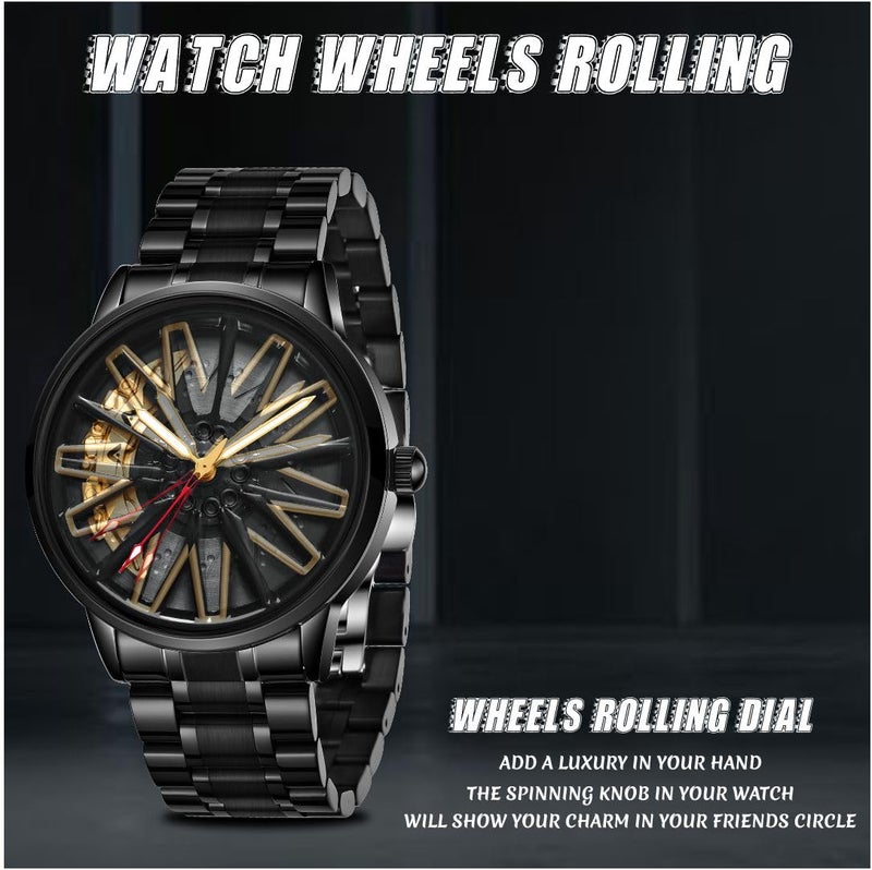 V2A Vortex Series Wheel Rolling Men’s Analog Watch Open Dial Gold Watch – Car Wheel-Inspired Design, Hollow Out Elegance Casual Watch for Men | Gift for Men - Image 3