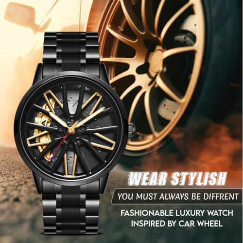 V2A Vortex Series Wheel Rolling Men’s Analog Watch Open Dial Gold Watch – Car Wheel-Inspired Design, Hollow Out Elegance Casual Watch for Men | Gift for Men - Image 4