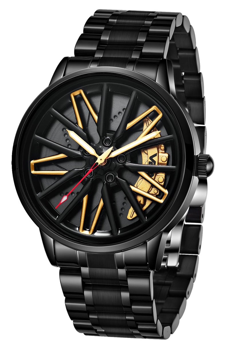 V2A Vortex Series Wheel Rolling Men’s Analog Watch Open Dial Gold Watch – Car Wheel-Inspired Design, Hollow Out Elegance Casual Watch for Men | Gift for Men - Image 1