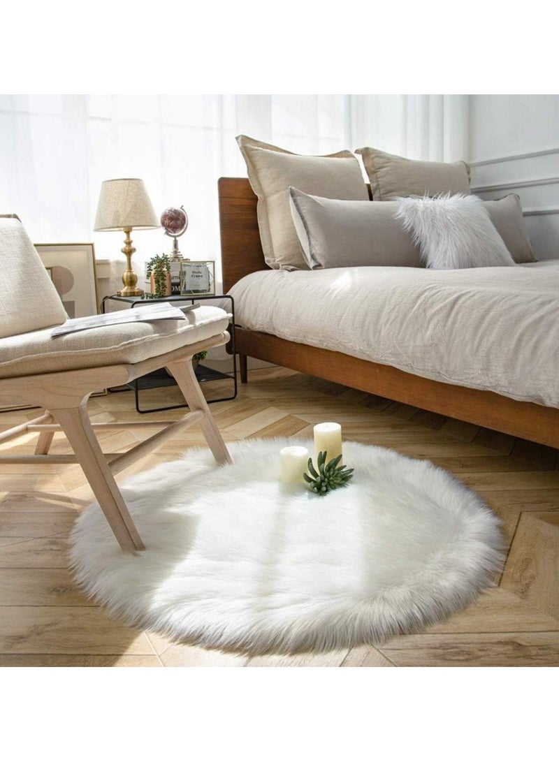 LINGWEI Soft Faux Fur Wool Area Rug Round Area Rug Shaggy Throw Rug Fluffy Living Room Carpet, Fluffy Carpets Soft White Round Area Rug - Image 2