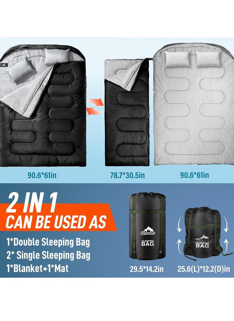 Mereza Double Sleeping Bag for Adults Mens with Pillow, XL Queen Size Two Person Sleeping Bag for All Season Camping Hiking Backpacking 2 Person Sleeping Bags for Cold Weather & Warm  - Image 4