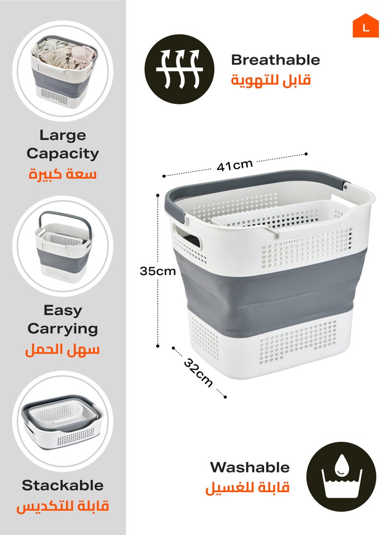 LAWAZIM Flexible Laundry Basket - 41x32x(12-35)cm Grey –  Foldable Plastic Laundry Hamper with Handles, Rubber Center, and Ventilated Structure - Ideal for Clothes and Household Organization - Image 2
