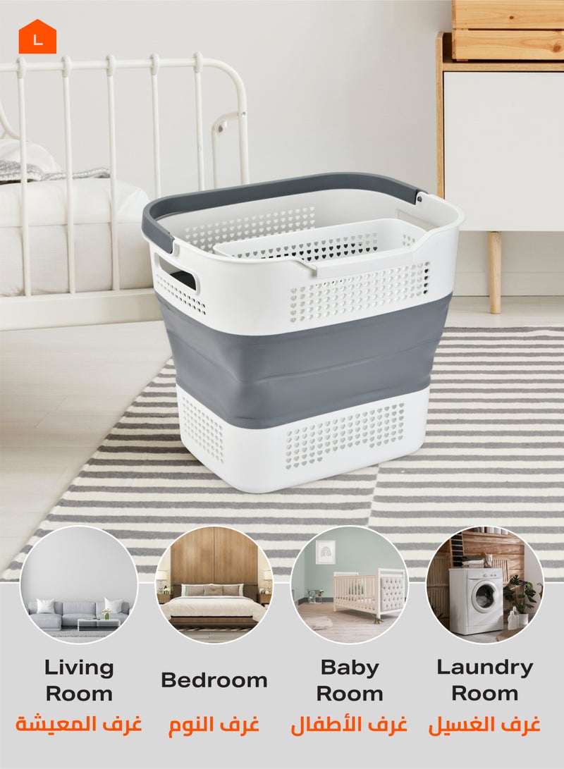 LAWAZIM Flexible Laundry Basket - 41x32x(12-35)cm Grey –  Foldable Plastic Laundry Hamper with Handles, Rubber Center, and Ventilated Structure - Ideal for Clothes and Household Organization - Image 5