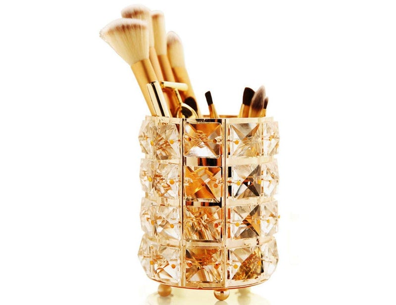 Josalinas Golden Crystal Makeup Brushes Holder Organizer For Cosmetics Comb Brushes  Eyebrow Pen Pencil Storage Case Container  Golden - Image 2