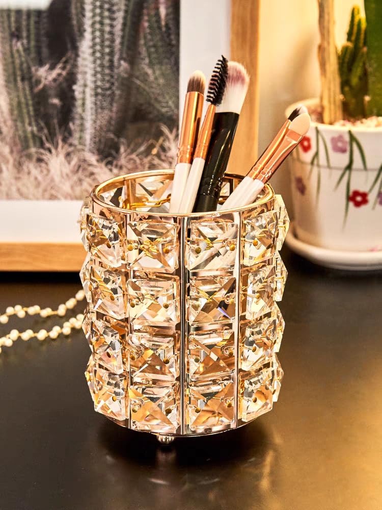 Josalinas Golden Crystal Makeup Brushes Holder Organizer For Cosmetics Comb Brushes  Eyebrow Pen Pencil Storage Case Container  Golden - Image 5