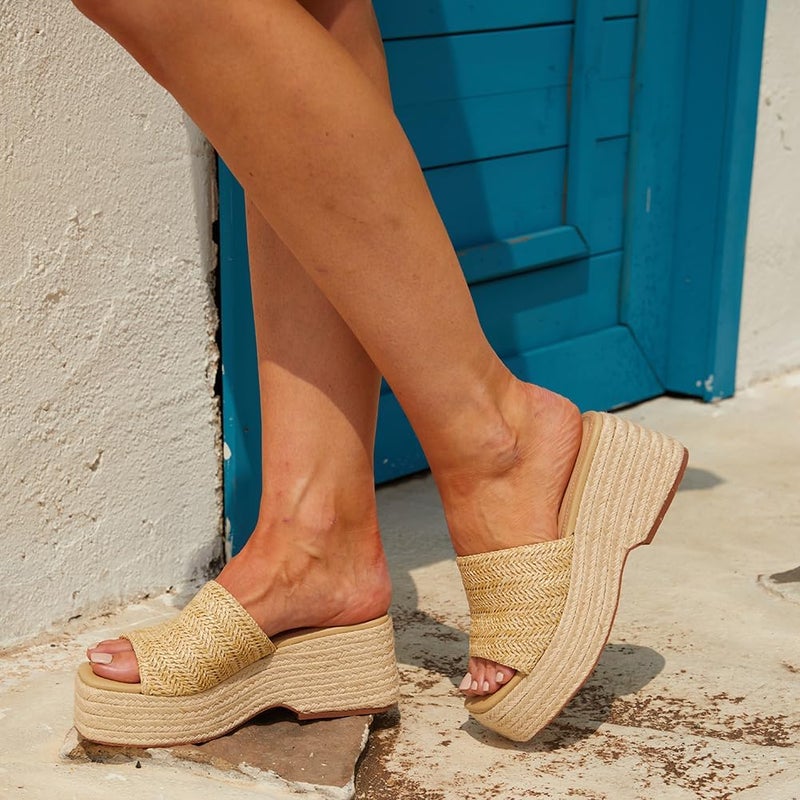 EQAUDES Platform Slip on Espadrille Sandals for Women Wedges Slides Bohemia Sandals Flatform Open Toe Beach Sandals - Image 3