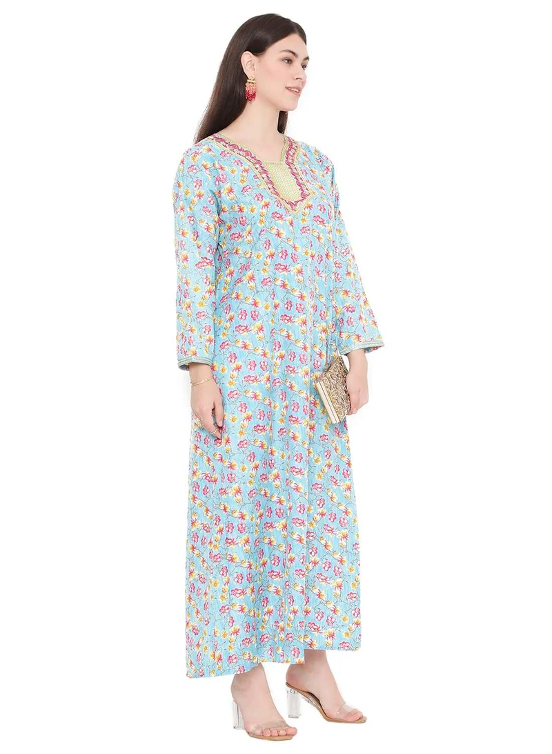 HANA & SARA MULTICOLOUR PRINTED AND THREAD EMBROIDERED LONG STYLISH ARABIC KAFTAN JALABIYA DRESS