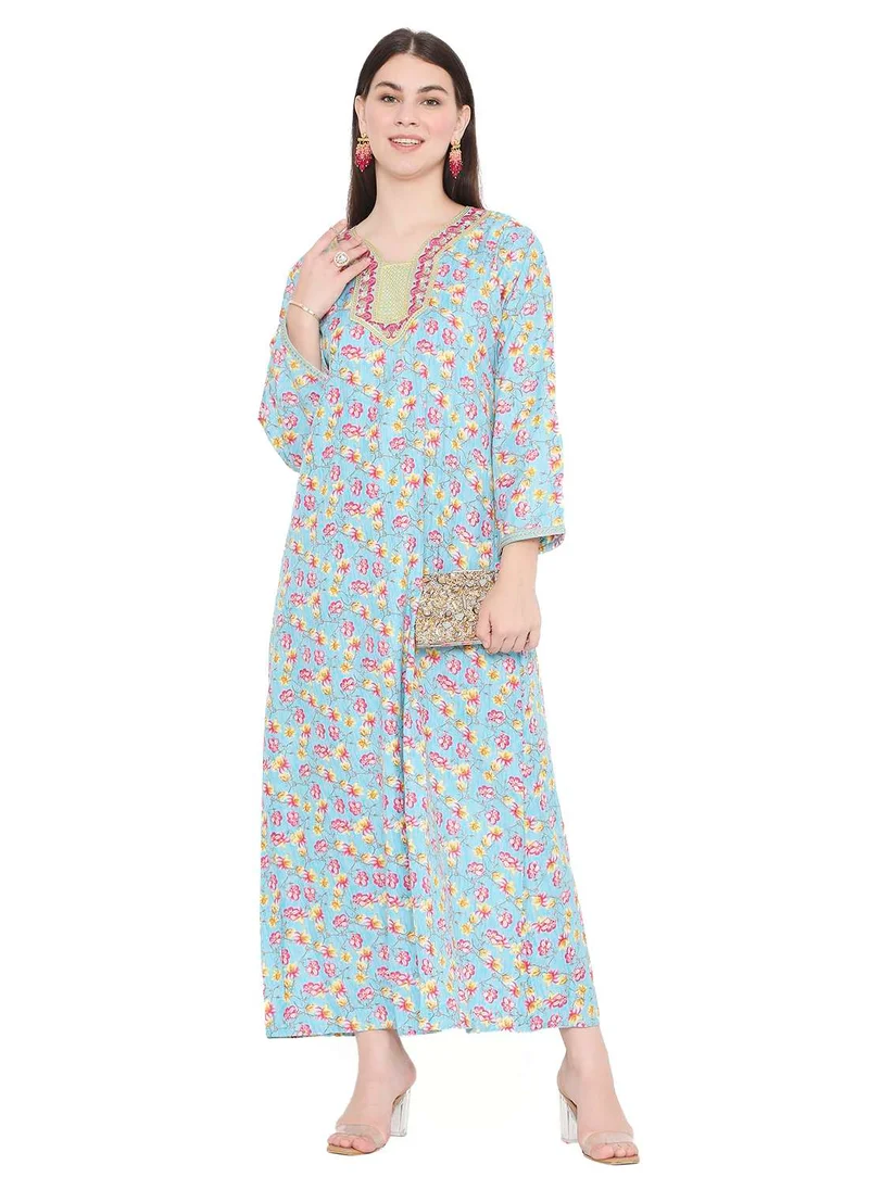 HANA & SARA MULTICOLOUR PRINTED AND THREAD EMBROIDERED LONG STYLISH ARABIC KAFTAN JALABIYA DRESS