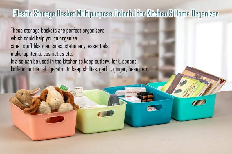 PUNO Multipurpose Plastic Storage Basket with Handles – Durable Open Storage Bin for Kitchen, Bathroom, Office, Desk Organizer (Set of 3, Multi-Color) - Image 2