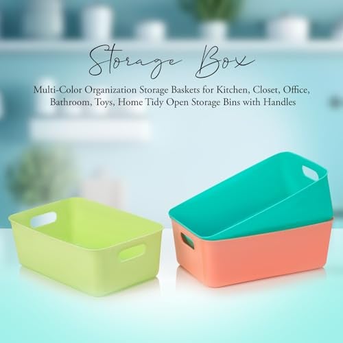 PUNO Multipurpose Plastic Storage Basket with Handles – Durable Open Storage Bin for Kitchen, Bathroom, Office, Desk Organizer (Set of 3, Multi-Color) - Image 4