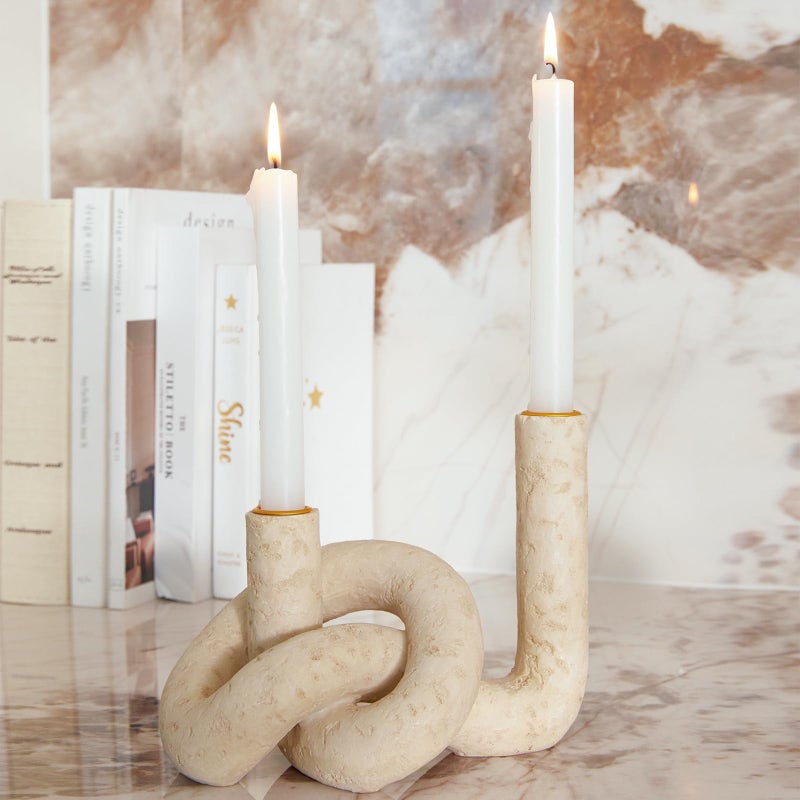 DN DECONATION Knot Shaped Taper Candle Holders - Travertine Resin Candlestick Holders, Candle Sticks Holder Boho Farmhouse Decor Coffee Table Centerpiece for Living Room Fireplace Wedding - Image 4