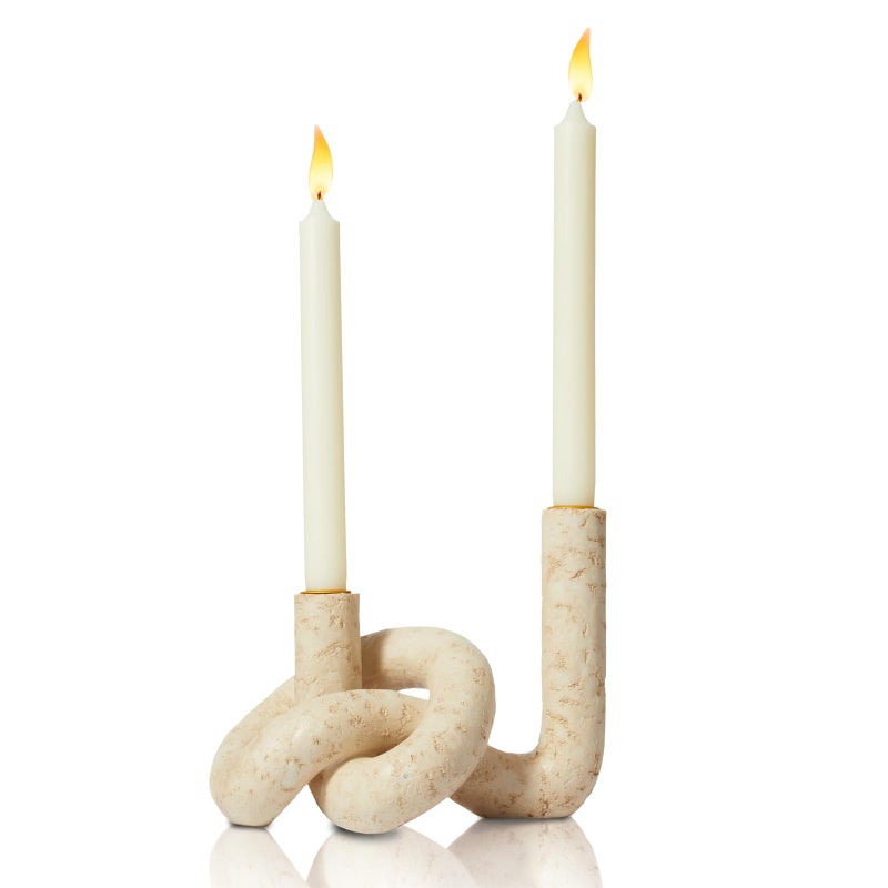 DN DECONATION Knot Shaped Taper Candle Holders - Travertine Resin Candlestick Holders, Candle Sticks Holder Boho Farmhouse Decor Coffee Table Centerpiece for Living Room Fireplace Wedding - Image 1