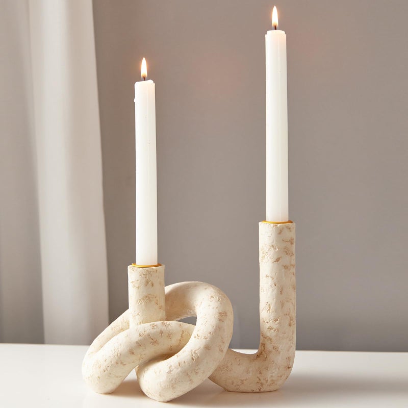 DN DECONATION Knot Shaped Taper Candle Holders - Travertine Resin Candlestick Holders, Candle Sticks Holder Boho Farmhouse Decor Coffee Table Centerpiece for Living Room Fireplace Wedding - Image 2